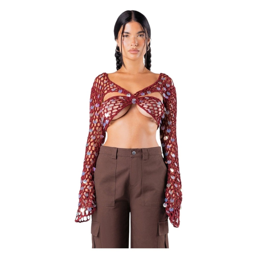 Finesse Burgundy Crochet Sequin Shrug Top Mermaid Festival Sexy Unique Rave XS S